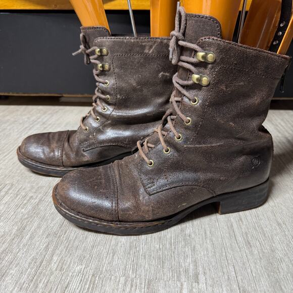 Born Kelisa Combat Boots Dark Brown Burnished Leather Women's 8.5 Heel Zip - Picture 1 of 8